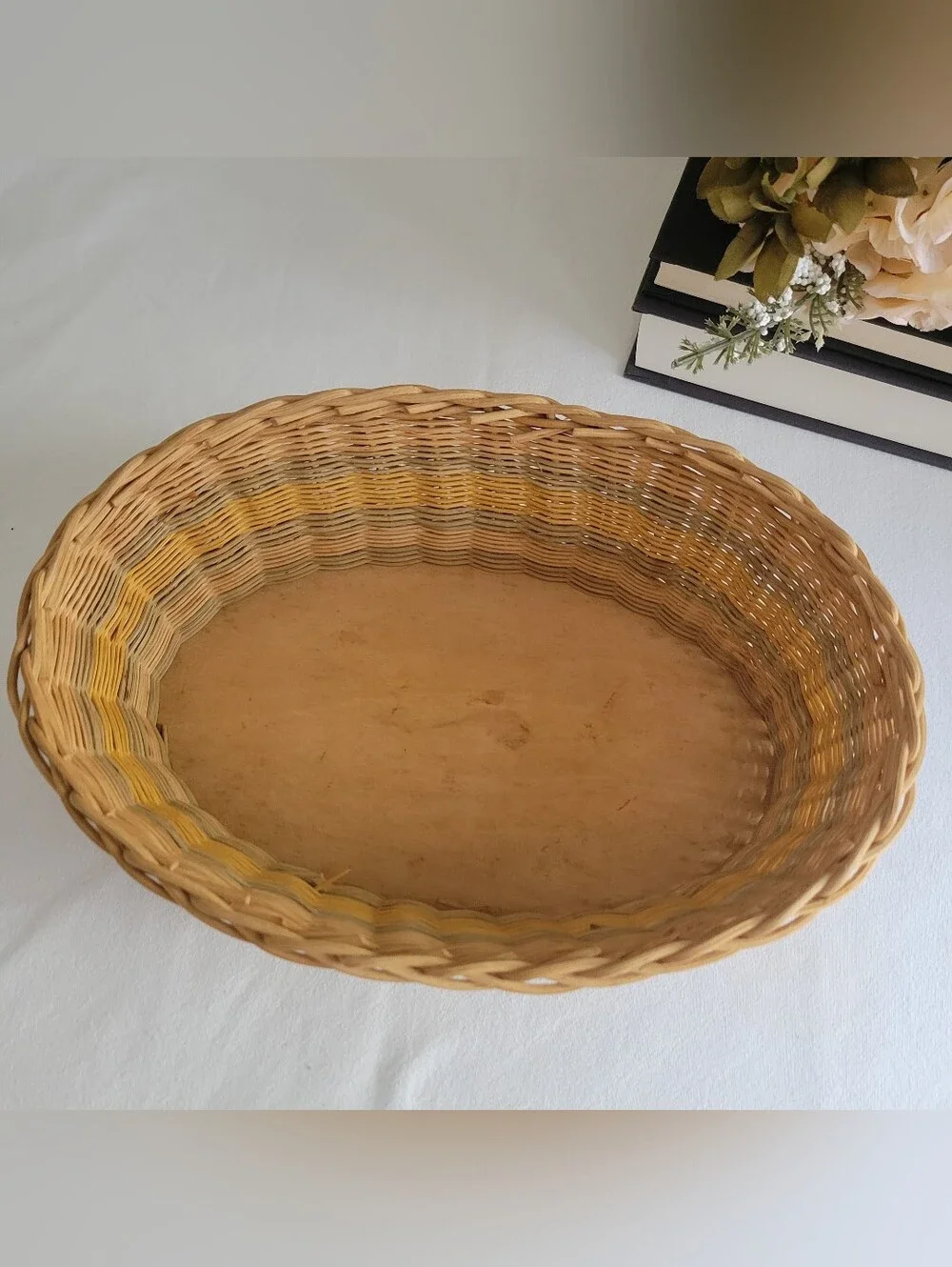 Vintage Hand Woven Striped Wicker Rattan Oval Basket 1940 Storage- Natural